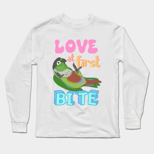 Love at first bite Green Cheeked Conure Funny Birb merch Parrot Kawaii Long Sleeve T-Shirt